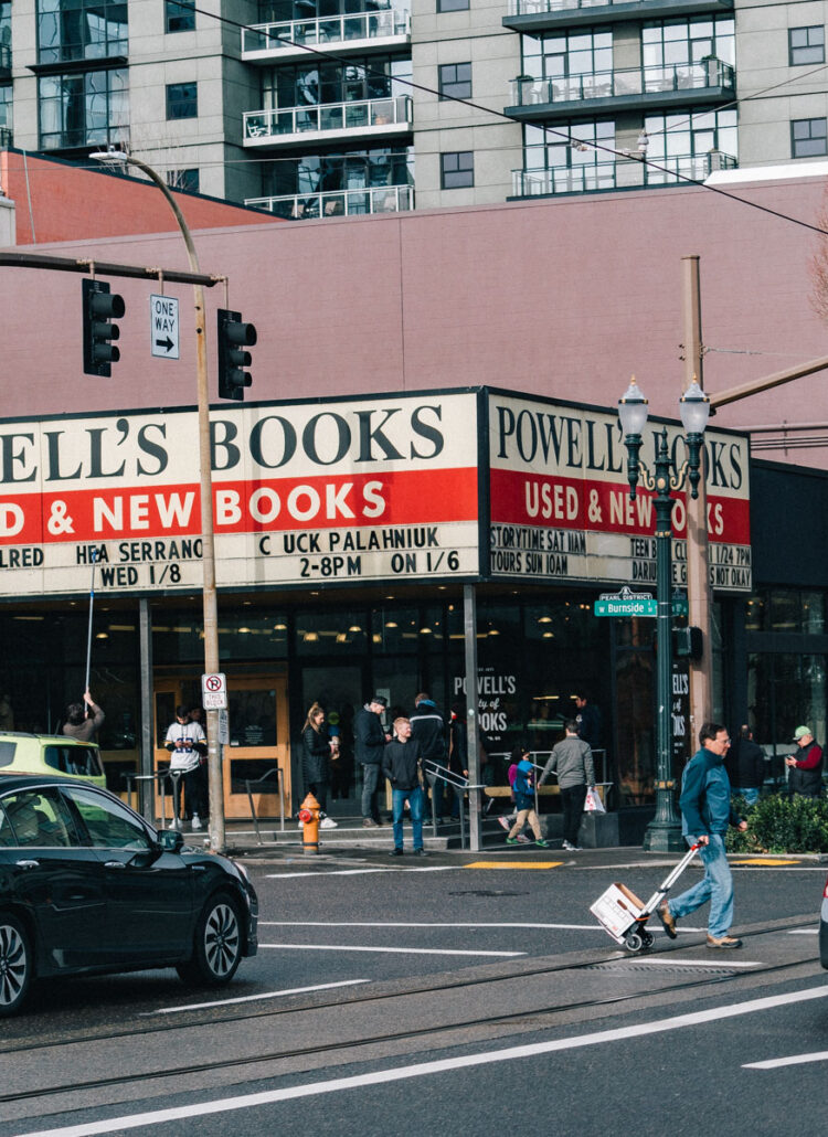 Powell's Books storefront and marquee on West Burnside Street in downtown Portland