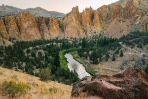 Smith Rock State Park with the Crooked River winding below the tuff cliffs near Bend