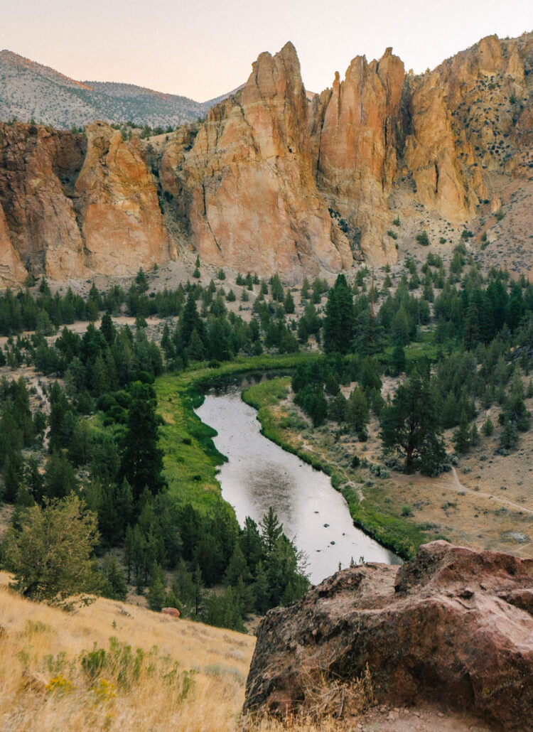 Smith Rock State Park with the Crooked River winding below the tuff cliffs near Bend