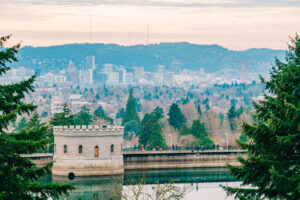 The Mt. Tabor reservoir with downtown Portland behind it