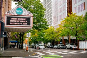 The Oregon Symphony on the Arlene Schnitzer Concert Hall marquee