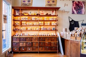 Chocolate bars on the shelves at Creo