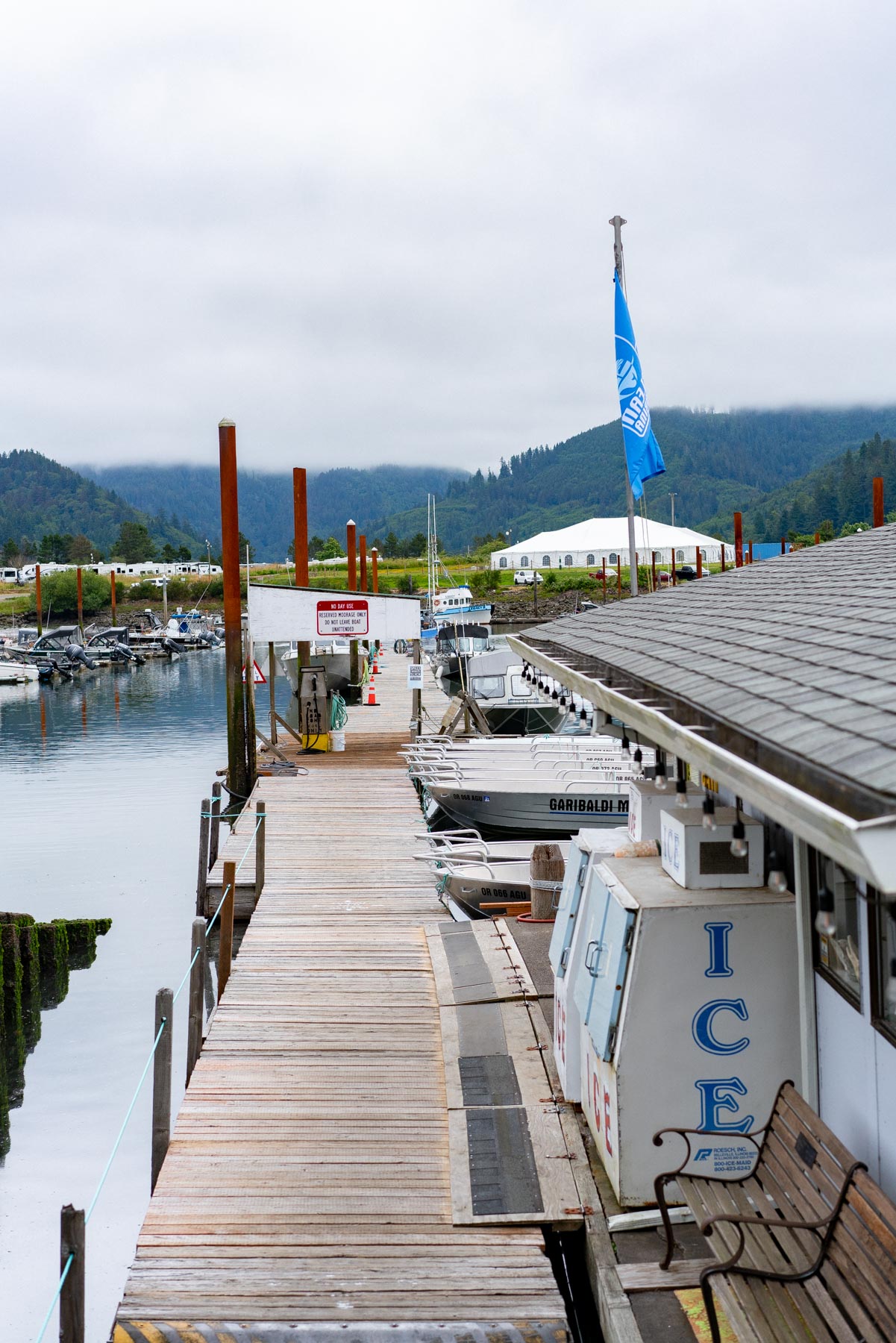 An empty wooden dock at the Garibaldi marina under heavy overcast, with moored aluminum boats, an ICE vending shed and low cloud sitting on the green hills behind
