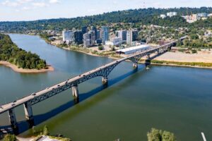 The Ross Island Bridge from above