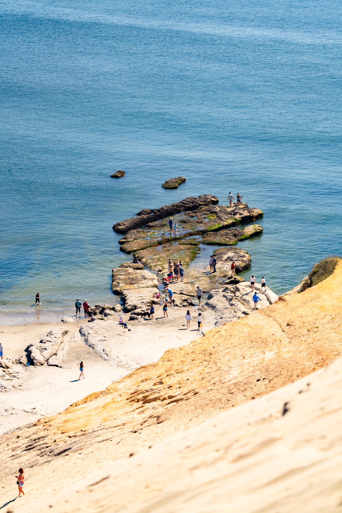 People exploring rocky tide pool ledges at low tide on the Oregon coast