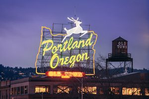 The Portland Oregon White Stag sign at dusk
